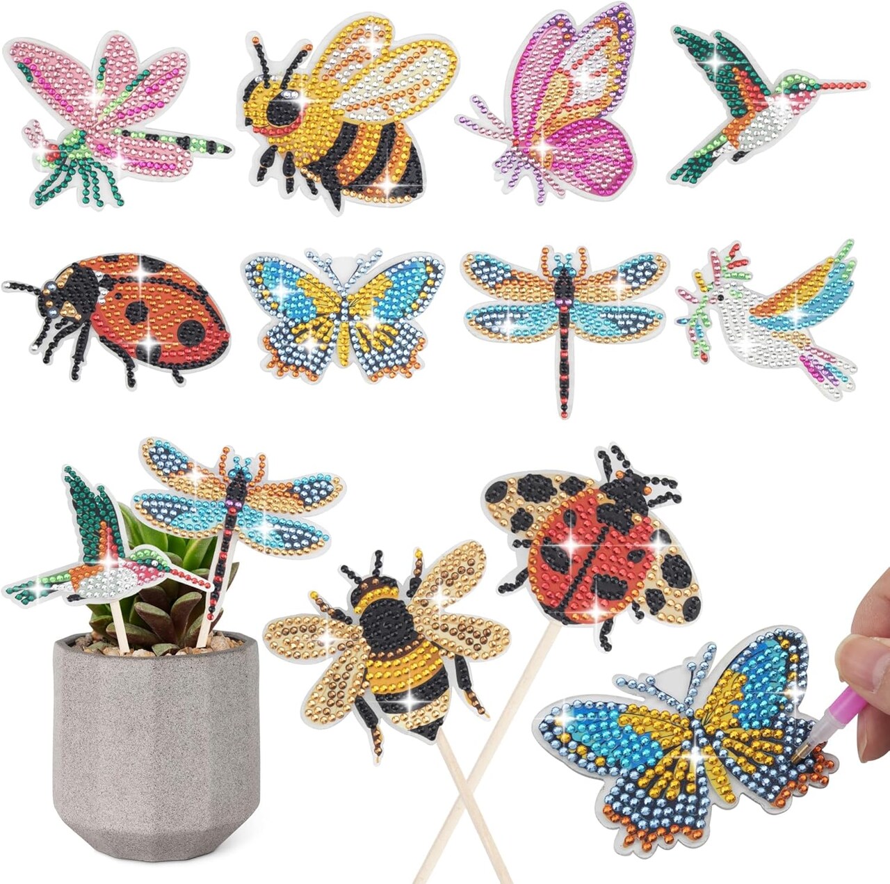 10PCS Diamond Art Garden Stakes – Butterfly, Hummingbird, Ladybug, Bee & Dragonfly DIY Diamond Painting Kit for Indoor & Outdoor Decor
